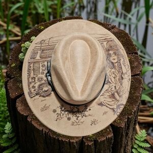 Hand Burned Tan Fedora Hat With A Hippie, Boho Vibe. Wanderlust.